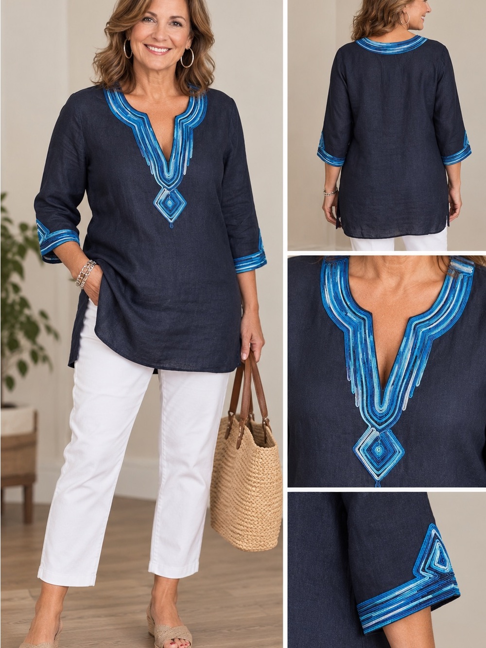 Calypso St. Barth Navy Tunic with Bright Blue Embroidered V-Neck